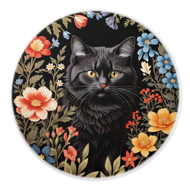 Elegant Black Cat Colorful Floral Ceramic Knob (Front)