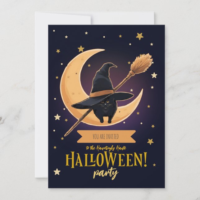 Elegant Black Cat Crescent Moon Broom Halloween  Invitation (Front)