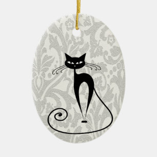 Elegant black cat damask ceramic ornament