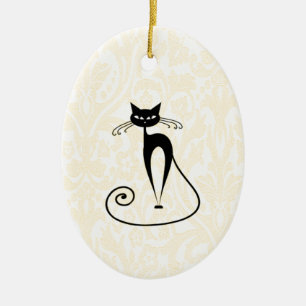 Elegant black cat damask vintage ceramic ornament