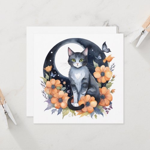 Elegant Black Cat Floral Moon Art Cat Lover Invitation