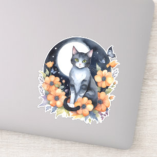 Elegant Black Cat Floral Moon Art Cat Lover Sticker