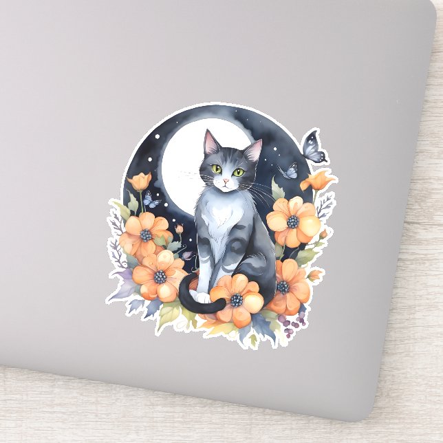 Elegant Black Cat Floral Moon Art Cat Lover Sticker (Detail)