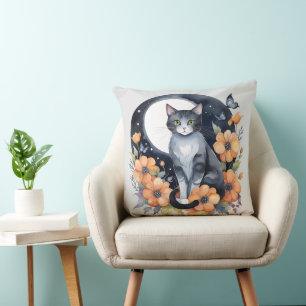 Elegant Black Cat Floral Moon Art Cat Lover Throw Pillow
