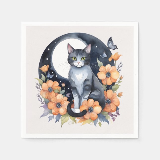 Elegant Black Cat Floral Moon Art - Nature-inspire Napkins (Front)