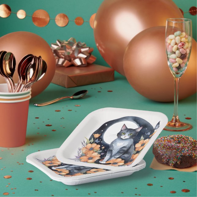 Elegant Black Cat Floral Moon Art - Nature-inspire Paper Plates (Multi)