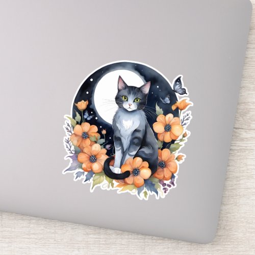 Elegant Black Cat Floral Moon Art _ Nature_inspire Sticker