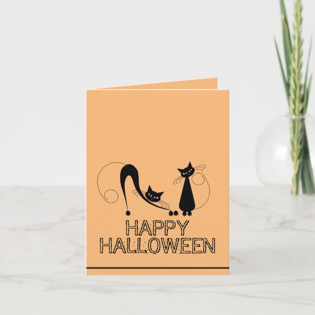 Elegant Black Cat, Happy Halloween Card (Front)
