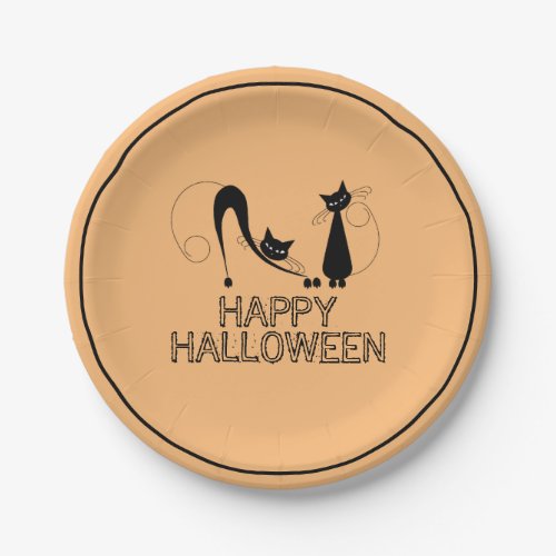 Elegant Black Cat Happy Halloween Paper Plates