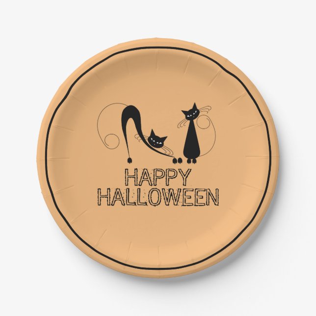 Elegant Black Cat, Happy Halloween Paper Plates (Front)