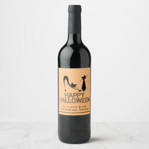 Elegant Black Cat Happy Halloween Wine Label