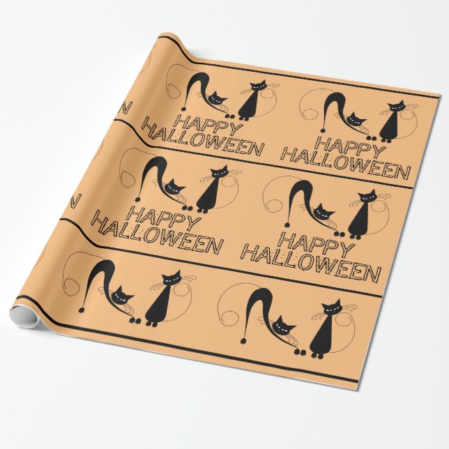 Elegant Black Cat, Happy Halloween Wrapping Paper (Unrolled)