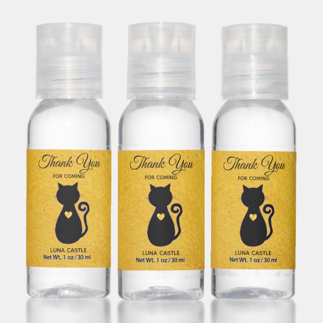 Elegant Black Cat & Heart on Gold Thank You Hand Sanitizer (Set)