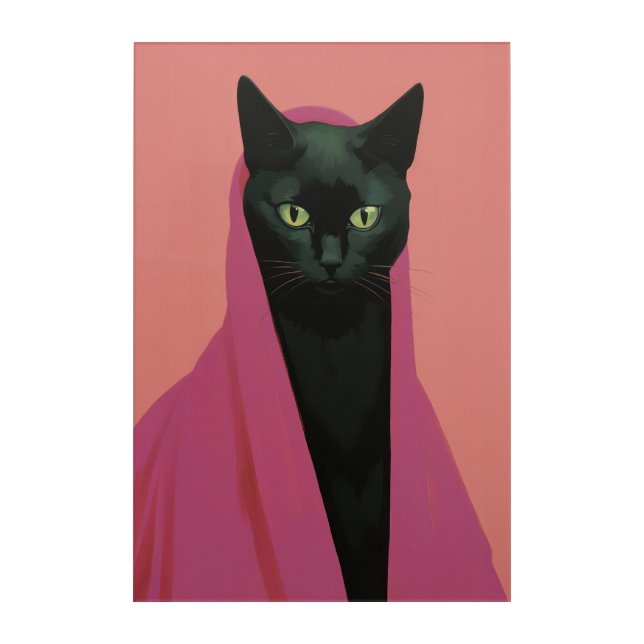 Elegant Black Cat in Pink Acrylic Print (Front)