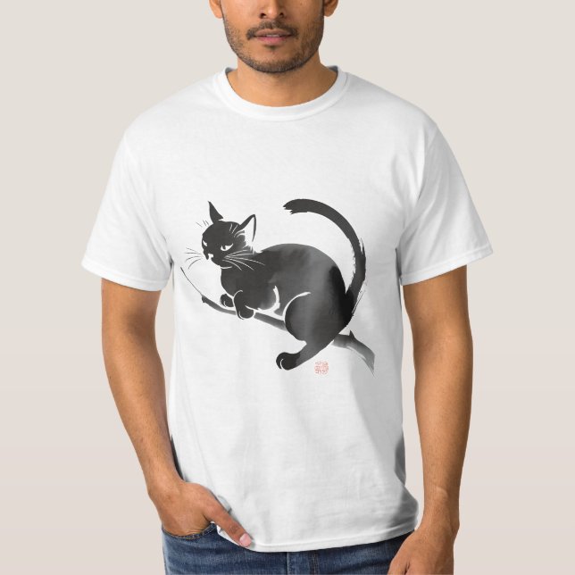 Elegant Black Cat Ink Painting T-Shirt (Front)