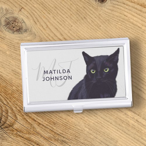 Elegant Black Cat Monogram Pet Business Card Case