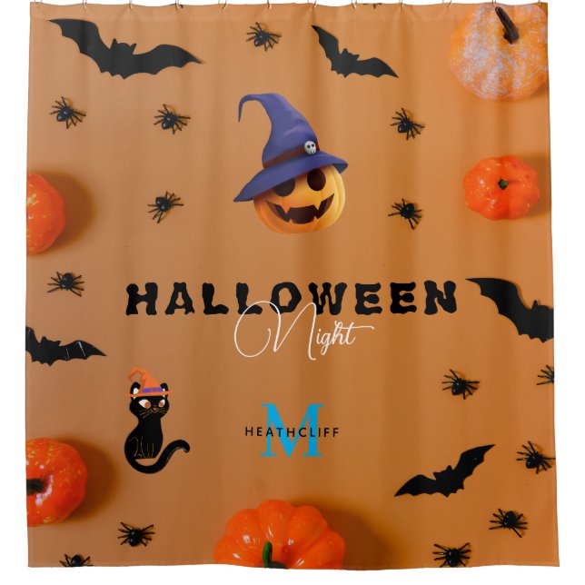 Elegant Black Cat Pink Monogram Halloween Pumpkin Shower Curtain (Front)
