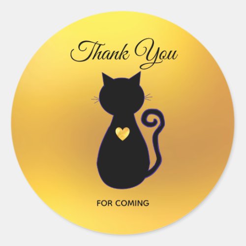 Elegant Black Cat Silhouette on Gold Thank You Classic Round Sticker