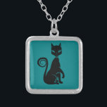 Elegant Black Cat Silver Plated Necklace<br><div class="desc">Elegant black cat posing with one paw raised. Has a cute curly tail and is wearing a fancy choker.</div>