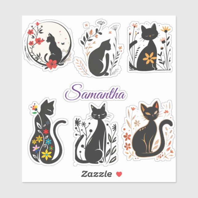 Elegant Black Cat Stickers with editable name (Sheet)