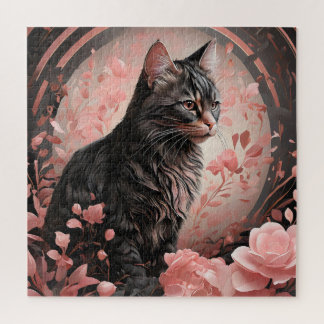 Elegant Black Cat Surrounded by Pink Flowers Jigsaw Puzzle