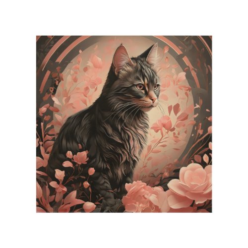 Elegant Black Cat Surrounded by Pink Flowers  Wood Wall Art