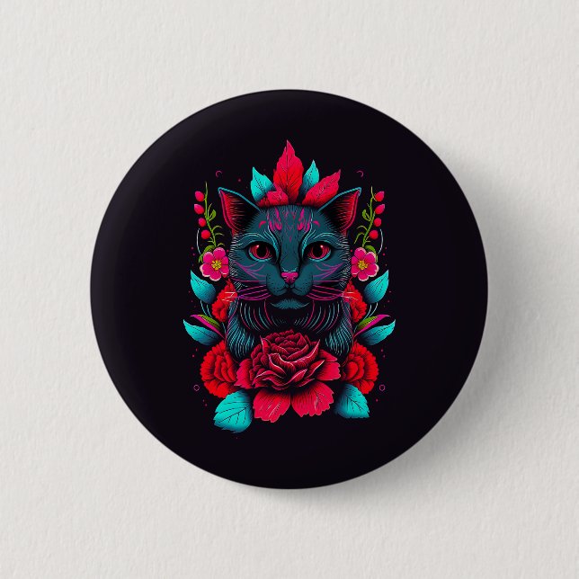 Elegant Black Cat Surrounded by Red Roses | Button (Front)