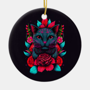 Elegant Black Cat Surrounded by Red Roses Ceramic Ornament