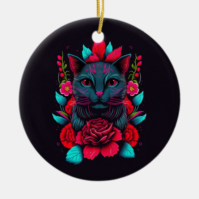 Elegant Black Cat Surrounded by Red Roses | Ceramic Ornament (Front)
