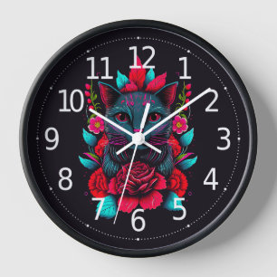 Elegant Black Cat Surrounded by Red Roses   Clock