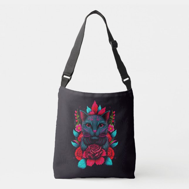 Elegant Black Cat Surrounded by Red Roses | Crossbody Bag (Front)