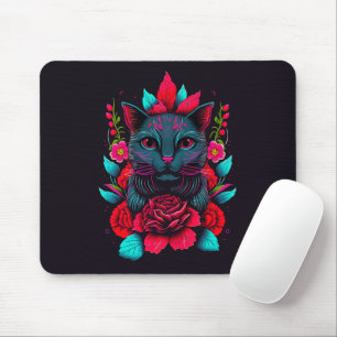 Elegant Black Cat Surrounded by Red Roses Mouse Pad