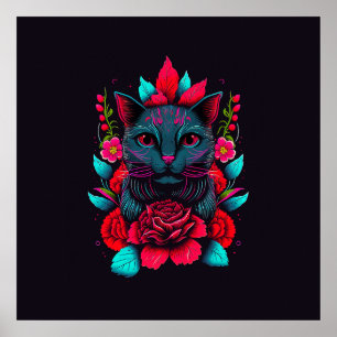 Elegant Black Cat Surrounded by Red Roses   Poster