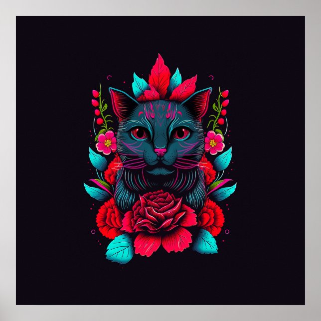 Elegant Black Cat Surrounded by Red Roses | Poster (Front)