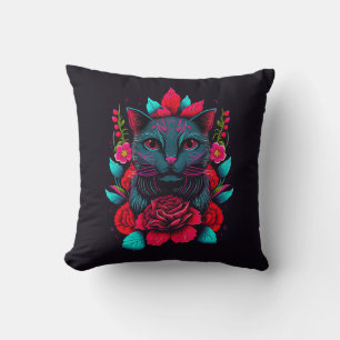 Elegant Black Cat Surrounded by Red Roses   Throw Pillow