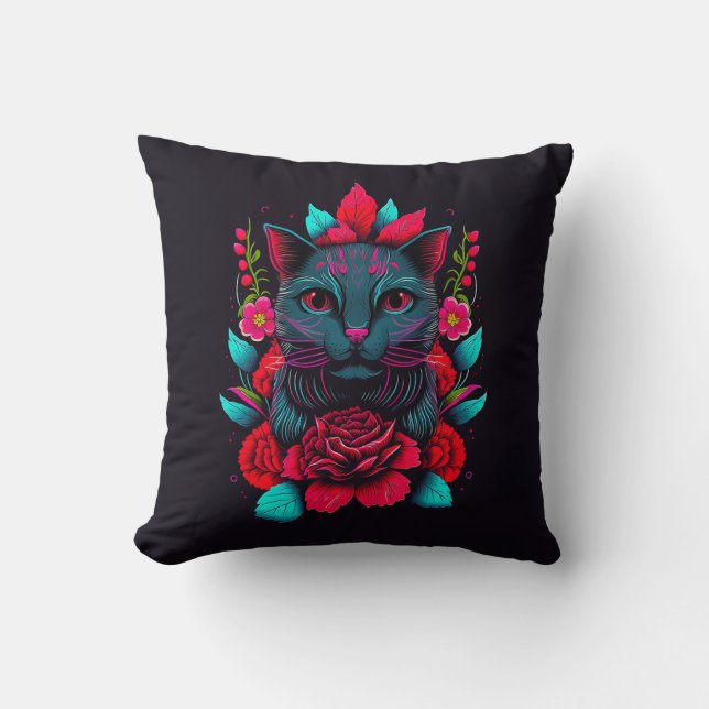 Elegant Black Cat Surrounded by Red Roses | Throw Pillow (Front)