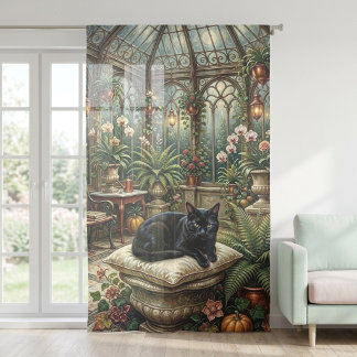 Elegant Black Cat Victorian Glass Conservatory Art Sheer Curtains