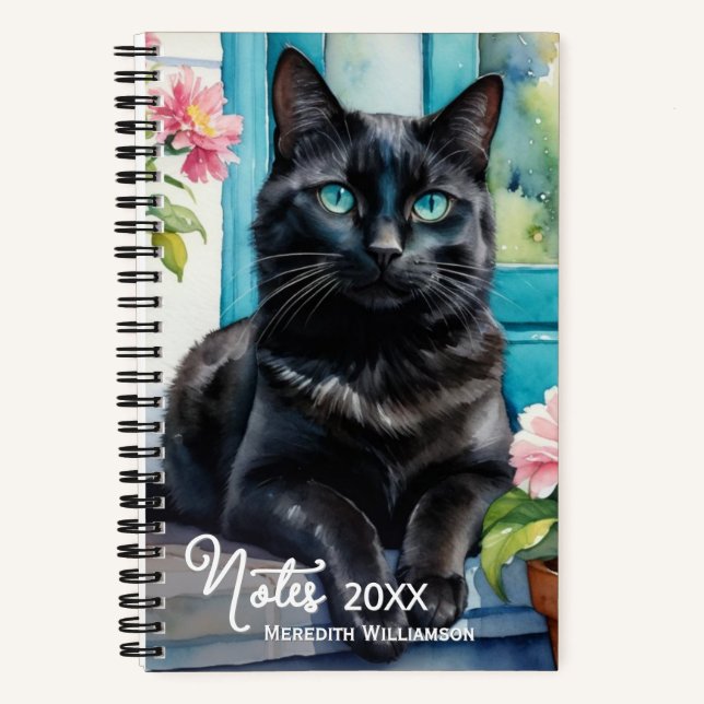 Elegant Black Cat Watercolor Art Personalized Notebook (Front)