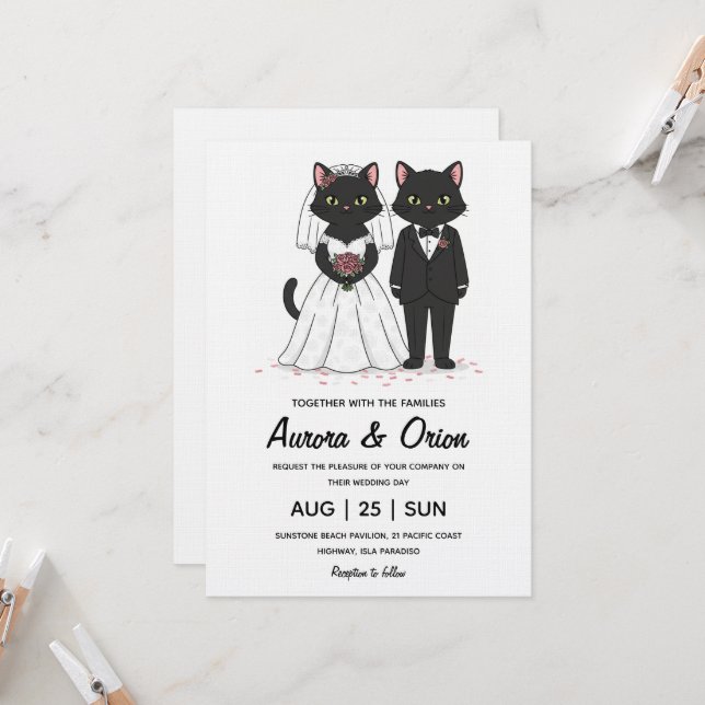 Elegant black cat wedding invitation (Front/Back In Situ)