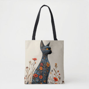 🐈⬛ Elegant Black Cat With Flowers Aesthetic Tote Bag