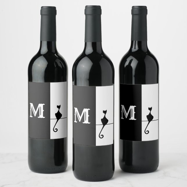 Elegant Black Cat with Initial Classic Wine Label (Bottles)