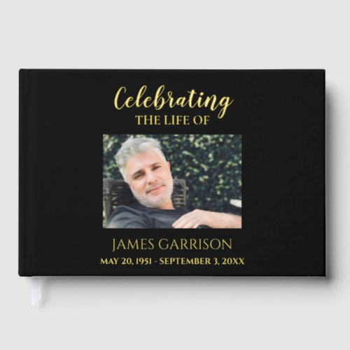 Elegant Black Celebration of Life Photo Memorial Foil Guest Book