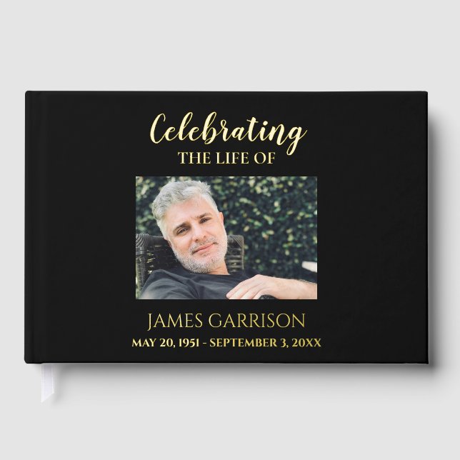 Elegant Black Celebration of Life Photo Memorial Foil Guest Book (Front)