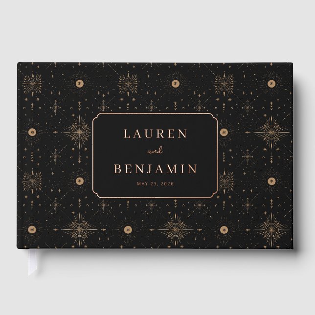 Elegant Black Celestial Stars Foil Guest Book (Front)