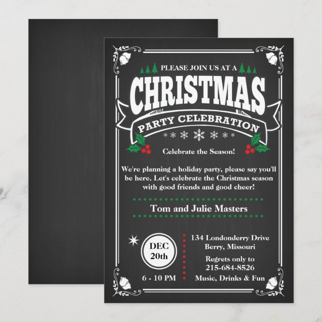 Elegant Black Chalkboard Christmas Party Invitation (Front/Back)