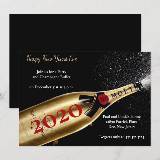 Elegant Black Champagne New Years Eve Party Invitation (Front/Back)