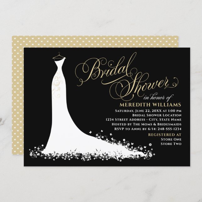 Elegant Black Champagne Wedding Gown Bridal Shower Invitation (Front/Back)