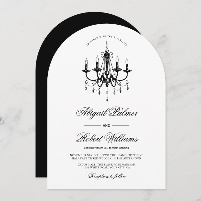 Elegant black chandelier Old Money arched wedding  Invitation (Front/Back)