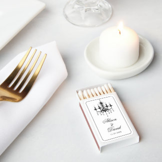 Elegant black chandelier Old Money arched wedding Matchboxes