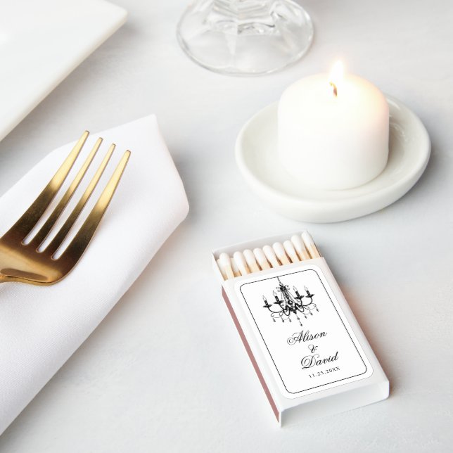 Elegant black chandelier Old Money arched wedding Matchboxes (Insitu)